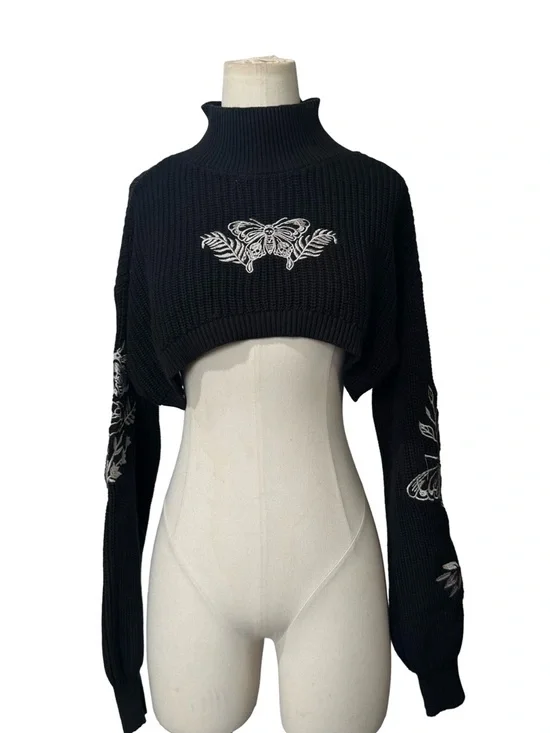 Cosmic Aura Death's-Head Moth Mock Neck Girls Crop Sweater - Picture 2 of 8